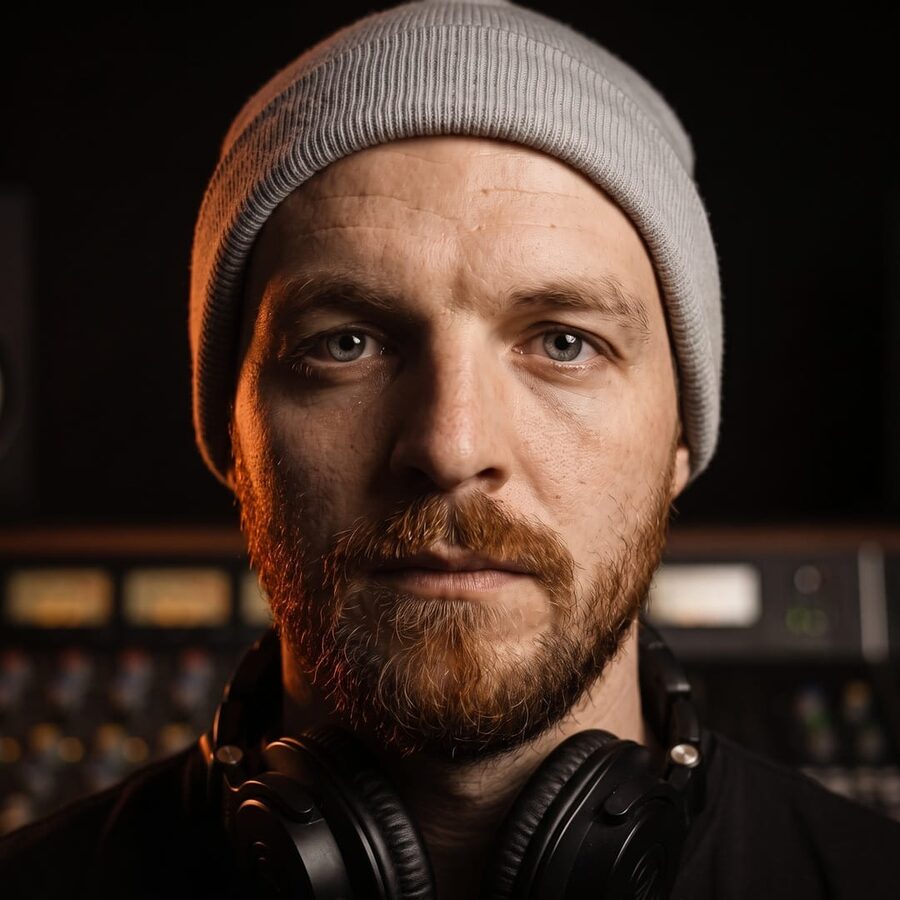 Portrait of Tim Borchert, mastering engineer at Polished, with headphones in front of the studio console