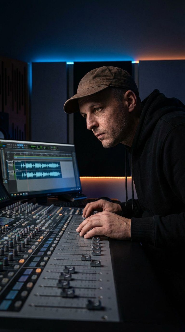 Tim Borchert, Mastering Engineer bei Polished, konzentriert am Mischpult im Studio
